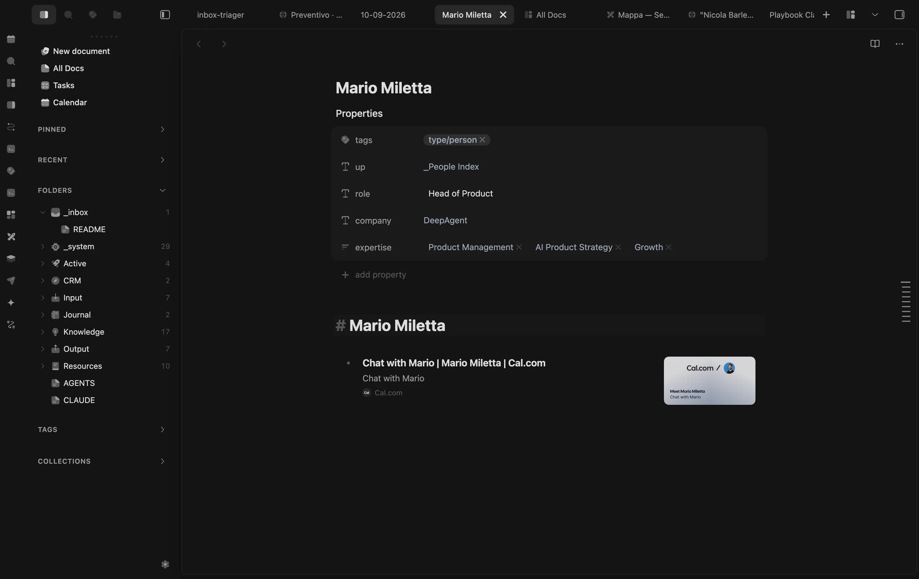 Obsidian with the Cosmos theme: the folder sidebar on the left and a person note with its properties and a link card.