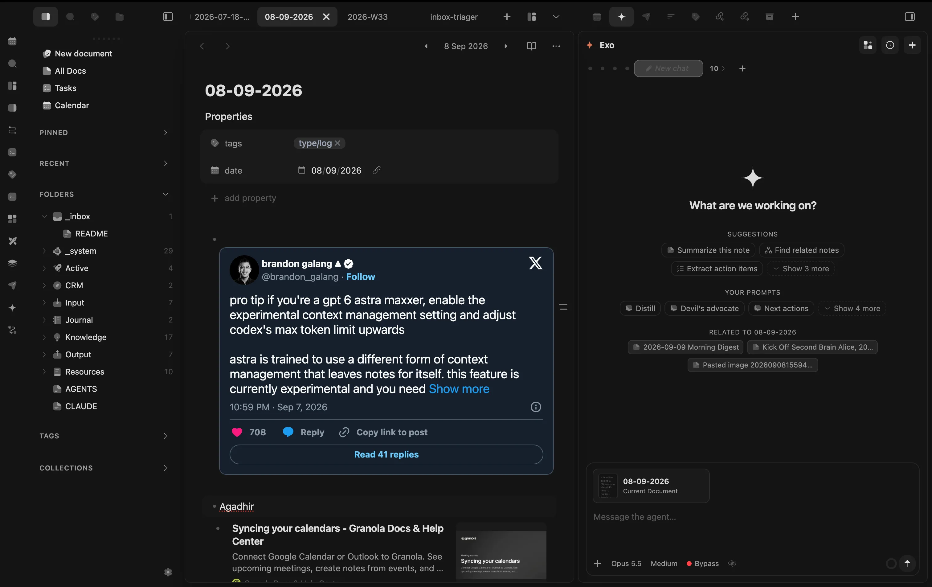 Exo open in Obsidian's right sidebar next to a daily note, asking “What are we working on?” with suggested actions, saved prompts and related notes.