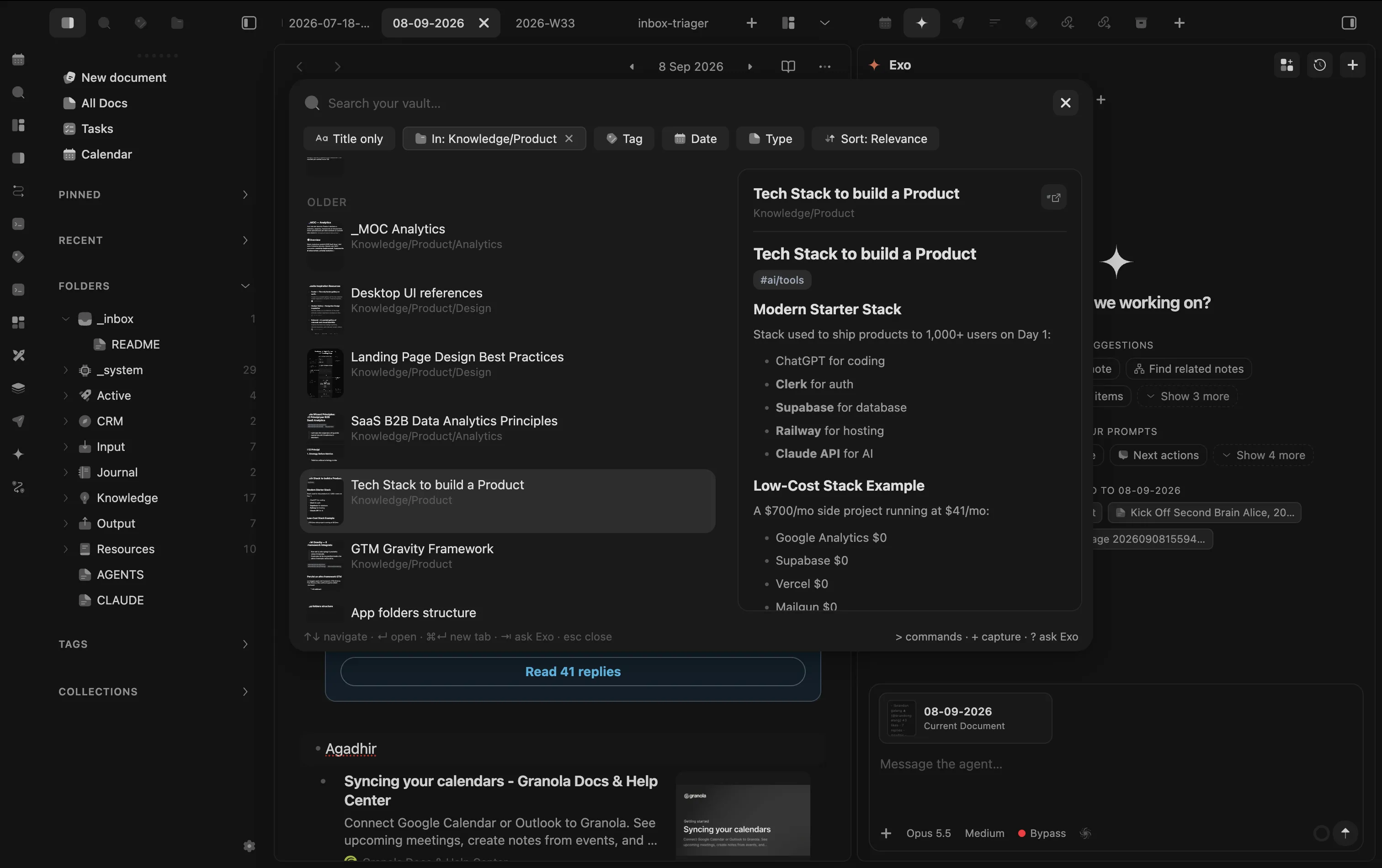 Sonar's search overlay in Obsidian: filters for title, folder, tag, date and type, a list of matching notes, and a live preview of the selected one.